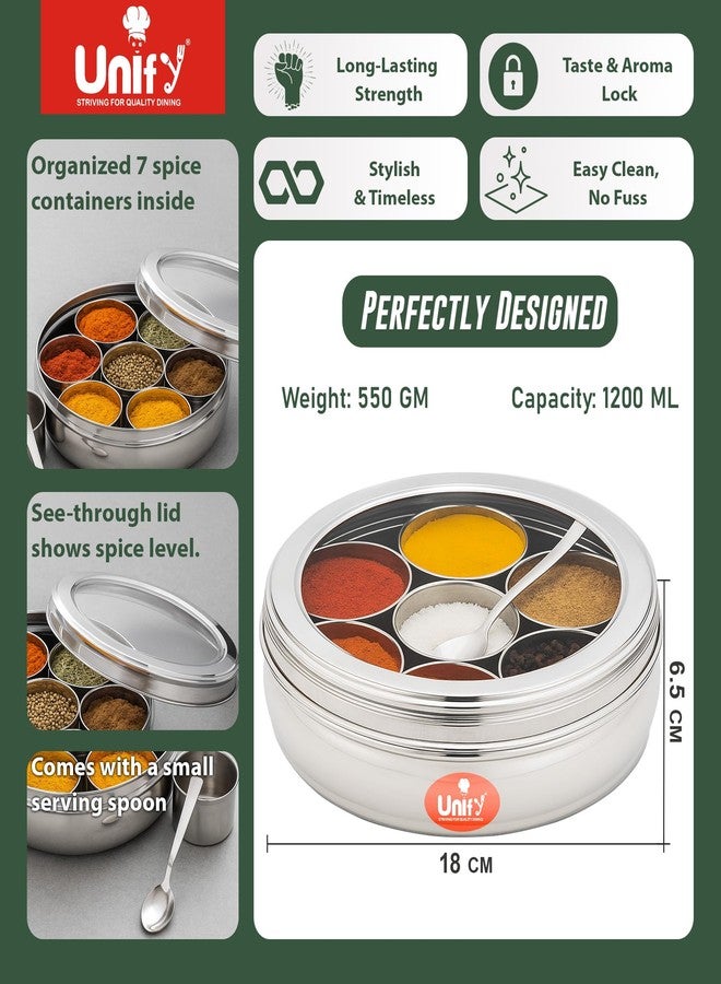 Unify Stainless Steel Masala Box | See Through Airtight Lid | 7 Spice Containers With Small Spoon | Masala Dabba For Kitchen | Spice Box for Kitchen Storage | Masala Dani Container (1200 ml, Silver) - Image 3